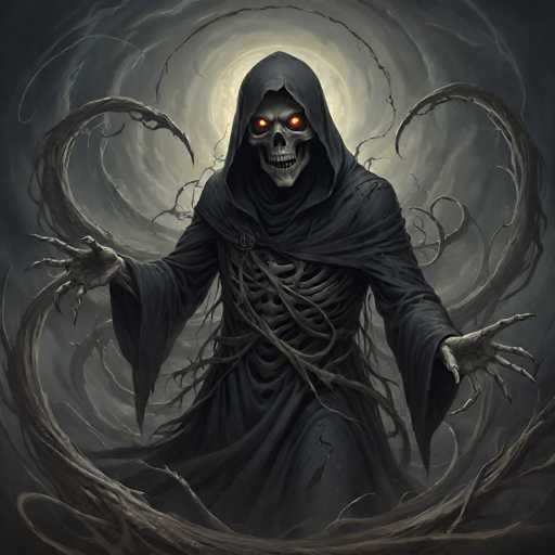 The image depicts a menacing skeletal figure, reminiscent of the Grim Reaper, adorned in a long black hooded cloak with a hood pulled up. The skeleton's glowing red eyes pierce through the darkness, creating an eerie and unsettling effect. Its bony hands are outstretched, as if reaching for something unseen. The figure's ribcage is prominently visible, adding to the macabre atmosphere. Surrounding the skeletal figure are numerous gnarled, twisted branches that resemble tree limbs, contributing to the overall sinister and spooky ambiance. The background is a swirling mix of gray and black, with a faint light source behind the figure, enhancing the ghostly and ominous mood of the scene.