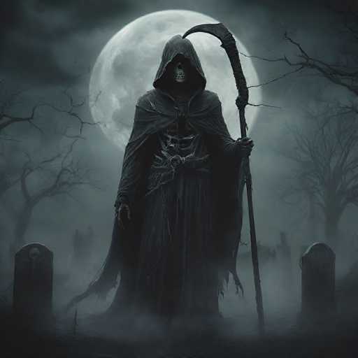 The image depicts a haunting scene of a skeleton dressed in a tattered black hooded robe, standing ominously in the center of a graveyard. The skeletal figure, with its ribcage and spine exposed through the tattered fabric, holds a large scythe in its left hand. The hood casts a shadow over its skull, adding to the eerie atmosphere. Surrounding the skeleton are numerous tombstones, some adorned with skulls, and bare, gnarled trees that stretch their branches into the dark, cloudy sky. A full moon looms behind the figure, casting a dim light over the scene. The entire image is rendered in shades of black, white, and gray, enhancing its ghostly and macabre feel.