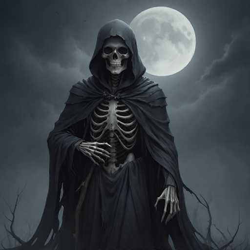The image depicts a detailed, computer-generated rendering of the Grim Reaper standing in a dark, eerie landscape. The skeletal figure is centrally positioned, with its bony hands resting on its waist. It is adorned in a long, tattered black hooded robe that extends to the ground, with tattered fabric and patches of missing material. The background features a large, full moon partially obscured by dark, ominous clouds, casting a dim light over the scene. The ground is littered with bare, leafless tree branches and twigs, adding to the desolate atmosphere. The overall color palette is dominated by shades of black, gray, and white, enhancing the haunting and mysterious mood of the image.