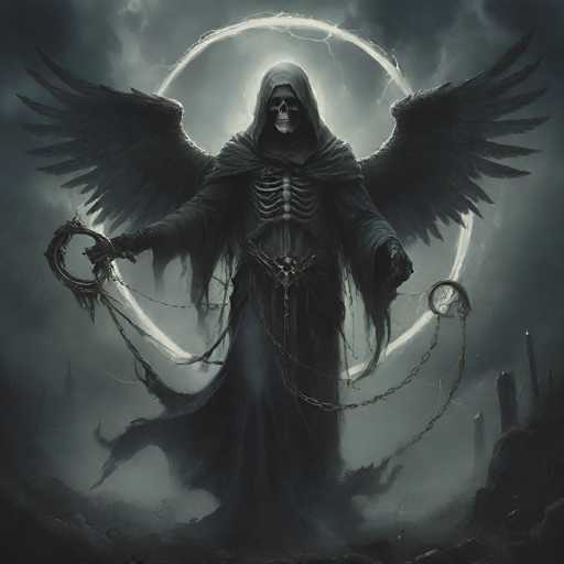 The image depicts a menacing skeletal figure, reminiscent of the Grim Reaper, standing prominently in the center. This figure is adorned in a long, tattered black hooded cloak that drapes over its bony frame, revealing a ribcage and spine. The skeletal face, with hollow eye sockets and a gaping mouth, exudes an eerie presence. Its large, dark wings extend from its back, adding to its imposing stature.

In its right hand, the figure grasps a circular object from which chains dangle ominously. The background features a circular halo of light, creating a stark contrast against the dark, cloudy sky. This ethereal glow enhances the figure's otherworldly appearance.

The setting appears to be a desolate, rocky landscape, possibly the edge of a cliff or a graveyard, with scattered stones and what looks like a small hill in the bottom right corner. The overall atmosphere is one of foreboding and supernatural dread, perfectly capturing the essence of a dark, Halloween-like scene.