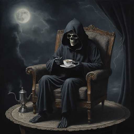 The image depicts a skeleton dressed in a black robe and hood, seated on an ornate chair with a cup of tea in its hands. The scene is set against a dark background, creating a sense of mystery and intrigue.