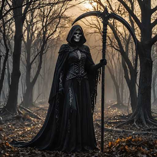 The image depicts a detailed, computer-generated illustration of the Grim Reaper standing in a dark, eerie forest. The Grim Reaper is dressed in a long, flowing black hooded cloak with intricate silver designs, including a spiderweb pattern on the chest and silver trim on the sleeves. His skeletal face is visible, with hollow eyes and a nose cavity, giving him a menacing appearance. He holds a large scythe, its blade arching over his head and pointing to the right. The forest around him is dense with tall, leafless trees, their dark trunks and branches creating a somber atmosphere. The ground is covered with brown leaves, adding to the overall gloomy and mysterious mood of the scene.