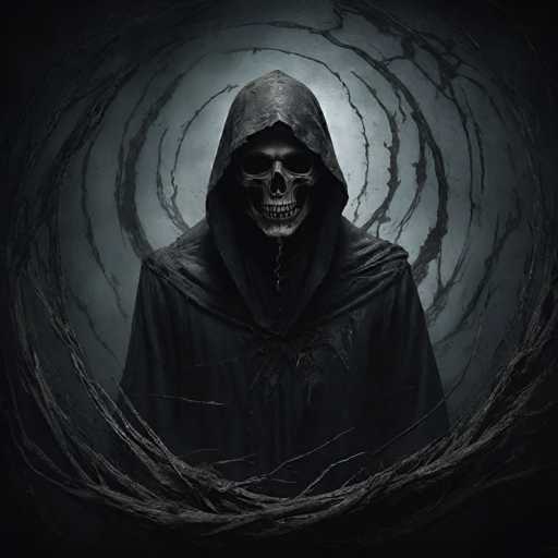 The image depicts a skull with its mouth open and teeth exposed against a dark background. The skull is wearing a hooded cloak that covers most of its face, obscuring the eyes. The background features a circular pattern composed of black lines and dots, creating an ominous atmosphere.