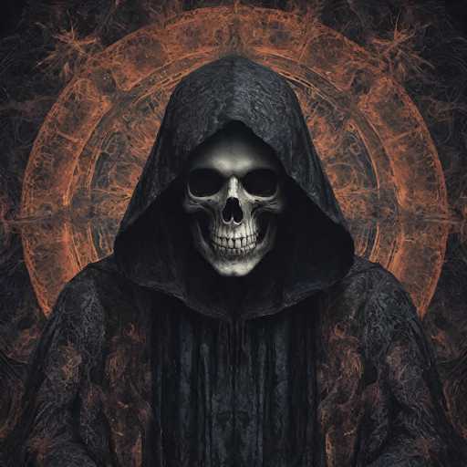 The image depicts a menacing skeletal figure dressed in a black hooded robe, with the hood pulled up tightly around its skull. The skeletal face is stark white, with hollow black eye sockets and a large, empty nasal cavity. Its bony teeth are prominently displayed, adding to the eerie appearance. The robe itself is black but appears to be stained with orange and red hues, giving it a fiery, almost molten look. The background is predominantly black, accentuated by a glowing orange circle that resembles a sun or a mystical aura, with intricate lines and patterns emanating from it. The overall scene is dark and foreboding, with the skeletal figure staring directly at the viewer, creating a sense of unease and mystery.