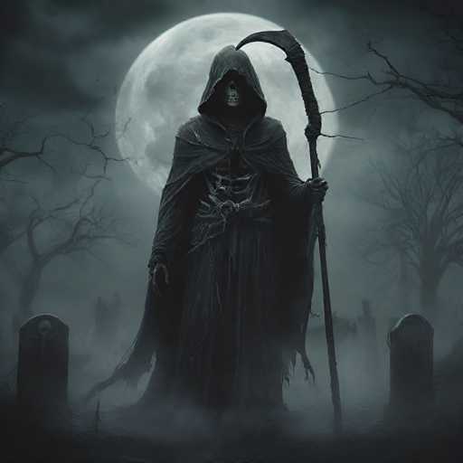 A spooky figure dressed as a skeleton holding a staff and standing on a foggy graveyard with trees in the background.