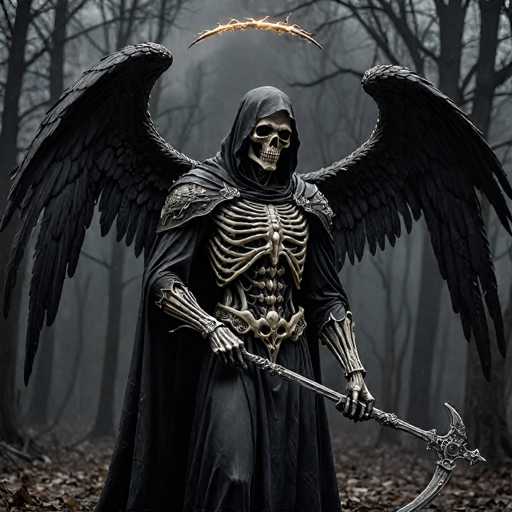 The image depicts a menacing skeletal figure, reminiscent of the Grim Reaper, standing in a foggy, leafless forest. The skeleton is adorned in a long black hooded cloak that drapes down to its feet, with intricate metal armor pieces covering its shoulders, elbows, and hands. Its large black feathered wings extend from its back, adding to its imposing presence. The figure's bony hands grasp a formidable scythe, with a skull-shaped hilt and a curved blade. Above its head hovers a crown made of thorns, further enhancing its sinister appearance. The ground beneath is strewn with brown leaves, and the background is filled with tall, dark trees shrouded in mist, creating an eerie and foreboding atmosphere.