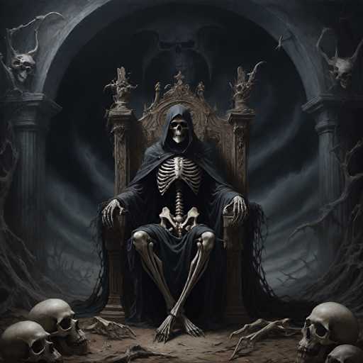 The image depicts a dark, gothic scene centered around a skeleton figure seated on a grand, throne-like chair. The skeleton is draped in a black hooded cloak, with its bony hands resting on the armrests of the chair. The chair itself is ornate, featuring intricate designs and possibly adorned with a crown at the top. Surrounding the base of the throne are several scattered skulls and bones, adding to the eerie atmosphere. Flanking the throne are two stone columns, each topped with a skull that has horns protruding from the sides. The background is shrouded in darkness, with swirling gray clouds and mist, enhancing the ominous mood. The overall color palette is dominated by shades of black, gray, and brown, with the skeleton's bones providing stark white accents. The scene is devoid of any text, focusing solely on the haunting visual elements.