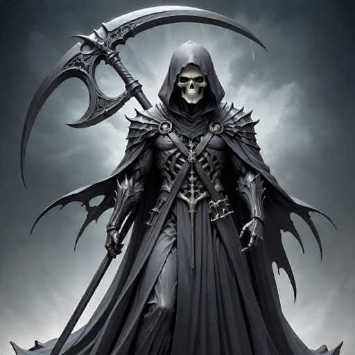The image depicts a menacing skeleton figure, reminiscent of the Grim Reaper, dressed in an elaborate black outfit. The figure is adorned with a hooded cloak that drapes down to the ground, revealing a skeletal face beneath. The attire includes a chest plate that mimics the appearance of a rib cage, and a long skirt-like garment. The skeleton's right hand wields a large, ornate scythe, while its left hand is positioned at its side. The background features a dark, cloudy sky, adding to the ominous atmosphere. The entire scene is rendered in shades of black, gray, and white, enhancing the eerie and foreboding nature of the image.