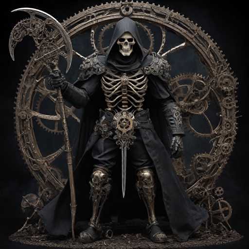 A detailed, high-quality digital painting of a steampunk skeleton character. The skeleton is clad in intricate, dark armor made of polished brass and aged metal, adorned with gears, chains, and skull motifs. He wears a long, flowing black cloak that drapes over his skeletal form, partially obscuring the intricate details of his armor. His skull is a classic, detailed representation with glowing eye sockets and a slightly open mouth. He holds a large, ornate scythe in his right hand, the blade intricately designed with gears and mechanical elements. His left hand grips a slender sword that extends from his waist, also adorned with steampunk details. The character stands in front of a large, circular backdrop made of interconnected gears and mechanical components, creating a visually striking and fantastical scene. The overall lighting is dramatic, with highlights on the metallic surfaces and shadows emphasizing the depth of the character's form. The background is a dark, textured surface, possibly representing a dusty or aged environment. The style is highly detailed and evocative, capturing the essence of steampunk fantasy with a focus on intricate mechanical design.
