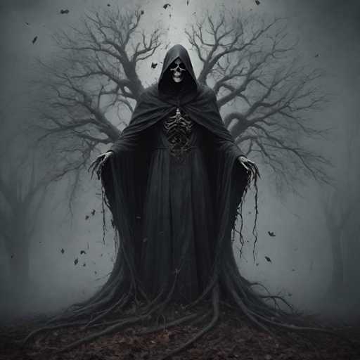 A skeleton with wings and a hood stands on a rock surrounded by trees in a foggy forest. The skeleton is wearing a long black robe and has wings spread out behind it.