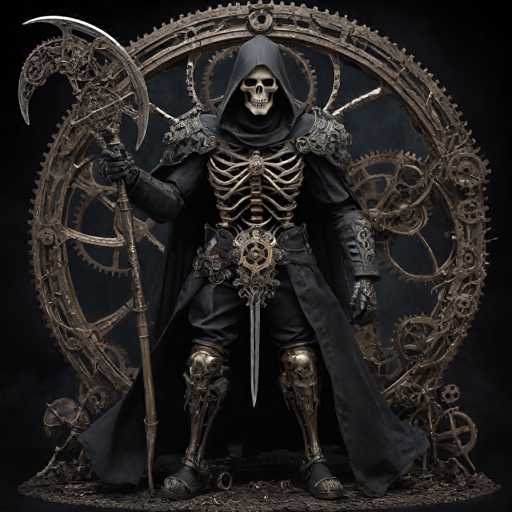 The image depicts a highly detailed figurine of a skeletal character, reminiscent of the Grim Reaper, standing on a dark, metallic base. The figure is adorned in a long, black hooded cloak that drapes down to its feet, revealing a skeletal face and ribcage. Its attire includes black pants and knee-high boots that are intricately designed with gold skull motifs on the shins. The character's chest is protected by a metallic breastplate, and it wears black gloves. A large, ornate belt with a prominent buckle encircles its waist, and a long, sharp sword hangs from its right side. The figure holds a menacing scythe in its right hand, which features a crescent moon-shaped blade with intricate designs. Behind the character, a large, circular metallic structure composed of interlocking gears and cogs adds to the mechanical and eerie atmosphere of the scene. The entire setup is set against a stark black background, emphasizing the dark and ominous nature of the figurine.