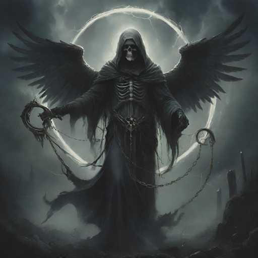 The image depicts a dark figure with wings and a hooded cloak, holding two chains that appear to be made of metal or rope. The figure is standing on a rocky surface surrounded by other rocks in the background.