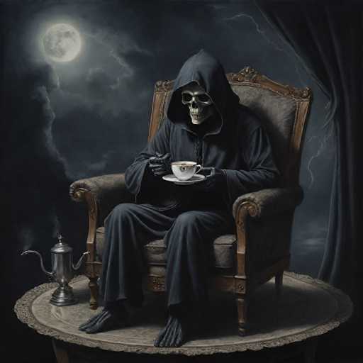 In this detailed and atmospheric illustration, a skeleton dressed in a black hooded robe sits on an ornate, old-fashioned wooden chair with a gray cushion. The skeleton, with its bony feet exposed, holds a white teacup and saucer in its skeletal hands, appearing to be mid-sip. The scene is set on a round table draped with a gray cloth, upon which rests a silver teapot emitting steam. The backdrop features a dark, cloudy night sky illuminated by a full moon, casting an eerie glow over the entire setting. A dark blue curtain hangs to the right, adding to the mysterious ambiance. The overall color palette is dominated by shades of black, gray, and white, enhancing the haunting and gothic feel of the image.