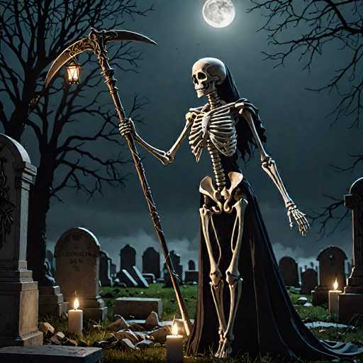 In this detailed digital artwork of a spooky graveyard at night, a female skeleton stands prominently in the center. She is adorned in a flowing black dress that cascades from her shoulders to the ground, and she holds a scythe with a lantern hanging from its handle. The skeleton's long black hair flows down her back, adding to her eerie presence. Surrounding her are numerous headstones, some illuminated by candles, casting a warm glow on the grassy ground. The scene is framed by two large, leafless trees on either side, their bare branches reaching into the dark sky. Above, a full moon casts a silvery light over the entire scene, enhancing the haunting atmosphere. The sky is a deep, dark blue, and the air appears thick with fog, adding to the overall sense of mystery and foreboding.