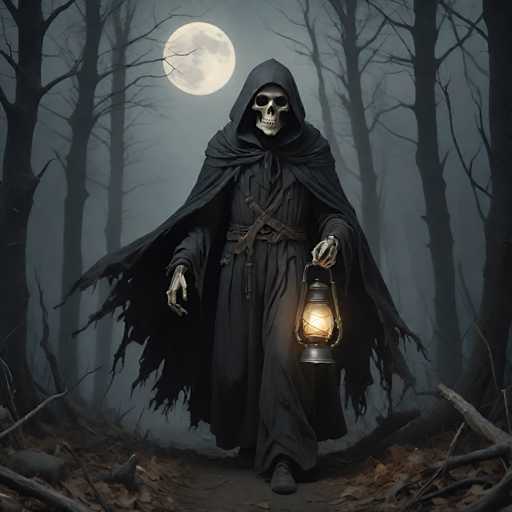 A skeleton figure is walking through a forest at night with a lantern in hand and a black cloak draped over their shoulders.