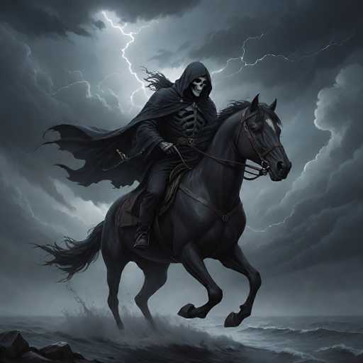 The image depicts a menacing skeletal figure, clad in a black hooded cloak and matching pants, riding a dark gray horse. The skeletal rider, with a visible ribcage and skull, grips the reins firmly, guiding the horse through a tumultuous scene. The horse, adorned with a brown saddle and harness, has its front legs raised as if galloping through the stormy waters below. The background is dominated by dark, ominous clouds, with a striking bolt of lightning illuminating the sky behind the rider. The scene is set against a backdrop of churning waves and scattered rocks, enhancing the eerie and foreboding atmosphere. The overall color palette is a mix of dark grays, blacks, and hints of blue, contributing to the image's haunting and dramatic effect.