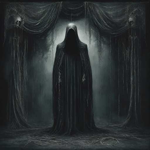 The image depicts a dark, eerie scene reminiscent of a horror movie. At the center stands a menacing figure cloaked in a long, black robe with a hood that obscures its face, adding to the sinister atmosphere. The background is shrouded in darkness, with a faint light emanating from behind the hooded figure, casting an ominous glow. 

Flanking the central figure are two tall, skeletal figures, each draped in long, black robes and hooded, mirroring the central character's attire. These skeletal beings have skull-like heads and are positioned on either side, creating a sense of symmetry and balance in the composition. 

The setting appears to be an old, abandoned room with cobwebs hanging from the ceiling and walls covered in vines and moss, enhancing the sense of decay and desolation. The floor is littered with debris, adding to the overall feeling of neglect and horror. The entire scene is rendered in shades of black, white, and gray, contributing to its haunting and unsettling ambiance.