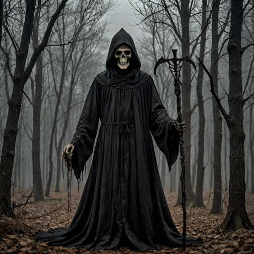 A spectral figure of a Grim Reaper stands in a misty, eerie forest. The figure is draped in a long, flowing black robe with a hood that obscures the face, revealing only a skull-like head. The figure holds a gnarled staff with a scythe-like blade in one hand and a skeletal hand clutching what appears to be a severed hand or bone in the other. The background is blurred, suggesting a foggy forest with bare trees and fallen leaves, creating a sense of mystery and foreboding. The overall color palette is muted, with shades of gray and black dominating the scene, enhancing the dark and supernatural atmosphere.
