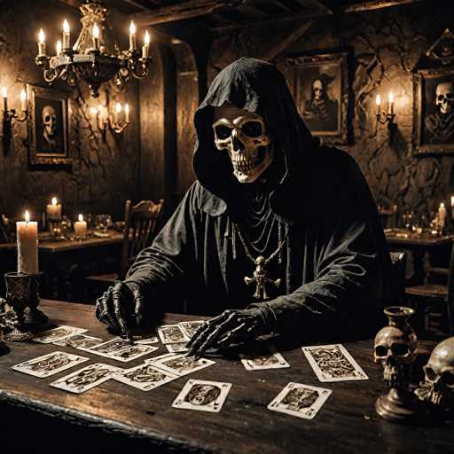 In this eerie and atmospheric scene, a skeleton dressed in a black hooded robe and black gloves sits at a dark wooden table, deeply engrossed in writing on a piece of paper. The skeleton's face is a stark white, with hollow black eyes and a skeletal nose, giving it a haunting appearance. The table is scattered with various cards, including a jack, a queen, and a king, among others. To the right of the skeleton, two skulls are placed on a stand, adding to the macabre ambiance. The background features a wall adorned with framed portraits of skeletons, each portrait encased in a gold frame. The wall itself is dark and textured, with visible cracks adding to the scene's aged and mysterious feel. A chandelier hangs from the ceiling, casting a dim light over the setting, while candles on the table flicker, enhancing the overall spooky atmosphere.