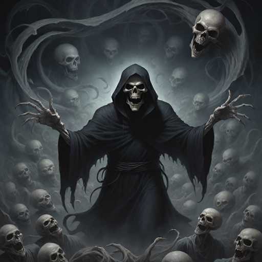The image depicts a menacing skeletal figure, reminiscent of the Grim Reaper, standing at the center. This figure is adorned in a black hooded robe with tattered sleeves and a black belt cinched around the waist. Its bony hands are raised, displaying long, sharp claws. The skeletal face is skull-like, with hollow eyes and a gaping mouth, exuding an aura of malevolence. Surrounding the central figure are numerous skulls, some floating and others emerging from the ground, all with open mouths as if screaming. The background is a dark, smoky gray, adding to the eerie atmosphere. The entire scene is rendered in shades of black, white, and gray, with a light source behind the Grim Reaper that accentuates its sinister presence.
