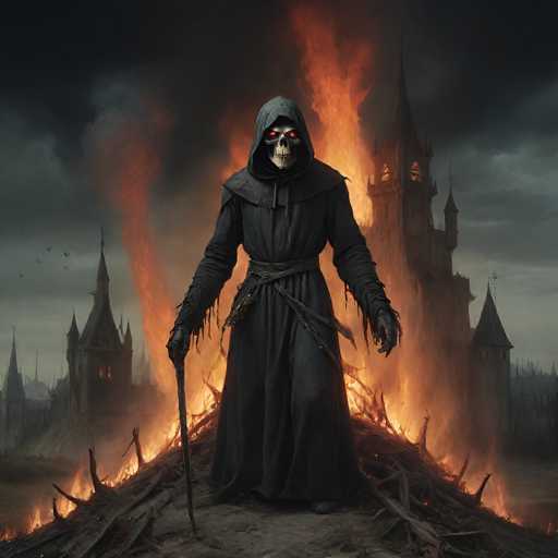 The image depicts a menacing skeleton figure dressed in a black hooded robe, with glowing red eyes that pierce through the darkness. The skeletal figure stands atop a mound of burning sticks and branches, which are engulfed in flames. In its right hand, it holds a long, curved staff. The background features a dark, ominous sky filled with clouds, and a large, foreboding castle with multiple towers and pointed roofs. The castle's windows emit an eerie orange glow, adding to the sinister atmosphere. Birds can be seen flying in the distance, further emphasizing the desolate and haunting scene.