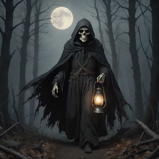 A spectral figure of a Grim Reaper, cloaked in a dark, tattered robe and hood, walks through a misty forest path under the light of a full moon. The figure holds a glowing lantern in one hand, illuminating the path ahead and casting eerie shadows on the surrounding trees. The scene is atmospheric and slightly ominous, with a focus on the contrast between the dark figure and the soft moonlight.