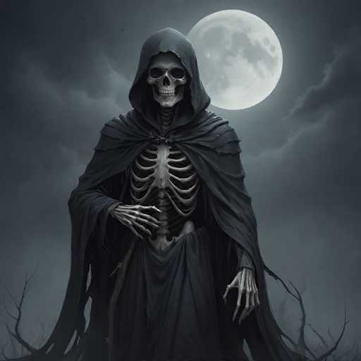 The image depicts a skeleton standing against a backdrop of a full moon and dark clouds. The skeleton is wearing a black robe with a hood and has its arms outstretched as if reaching for the sky.
