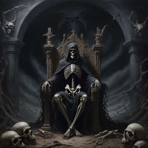 The image depicts a skeleton sitting on a throne surrounded by numerous skulls and bones. The skeleton is wearing a black robe with a hood and has its hands clasped together in front of it. The throne appears to be made of wood and is situated within an archway or doorway, which is the central focus of the scene.