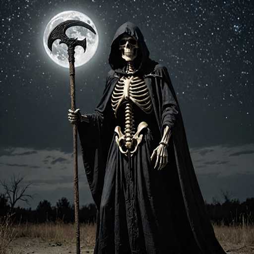 The image depicts a detailed, computer-generated illustration of the Grim Reaper standing in a desolate, nighttime landscape. The skeletal figure is adorned in a long, black hooded robe that drapes down to the ground, with the hood pulled up over its skull, obscuring any hair that might be present. The Grim Reaper's bony hands are visible, with the right hand grasping a tall, wooden staff that features a large, curved scythe at the top. The scythe's blade is positioned in front of a full moon, which casts a soft glow over the scene. The background reveals a starry night sky with scattered clouds, and the foreground consists of barren, brown grass and sparse trees, enhancing the eerie and somber atmosphere of the illustration.