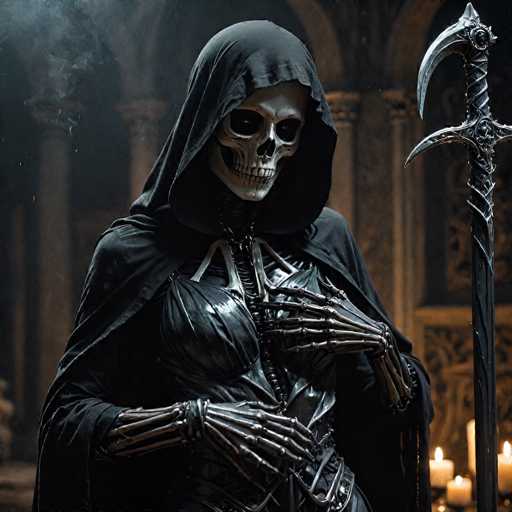 The image depicts a striking and eerie scene of a skeleton adorned in a black leather outfit, complete with a hood that drapes over its skull. The skeleton's bony hands are positioned in front of its chest, with the right hand placed over the left. The figure stands in a dimly lit room, possibly a church or cathedral, characterized by tall, arched stone columns and a stone wall in the background. To the right of the skeleton, a large, ornate sword with a curved blade and intricate designs rests on the ground. The sword's handle is adorned with a round, black jewel at the top. In the bottom right corner of the image, several lit candles are visible, casting a flickering light that enhances the spooky atmosphere. The skeleton's eyes are dark, adding to the overall mysterious and haunting ambiance of the scene.