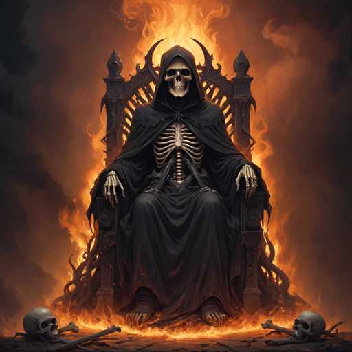 The image depicts a skeleton sitting on a throne made of burning wood and surrounded by flames. The skeleton is wearing a black robe with a hood and has a sword in its hand. There are two skulls lying nearby, one on the ground and another on a rock.