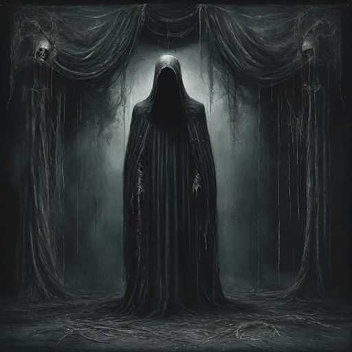 The image depicts a dark and eerie scene with three skulls positioned on either side of the central figure, who is shrouded in darkness and wearing a long black robe. The background features a curtain that hangs from the ceiling, adding to the overall sense of mystery and dread.