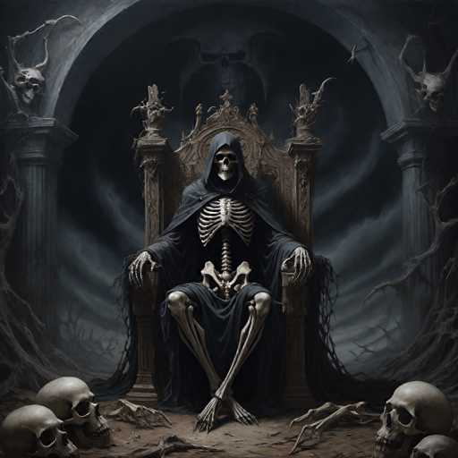 A detailed, dark fantasy digital painting of the Grim Reaper seated on a throne made of bone and stone. The Grim Reaper is depicted as a skeletal figure draped in a flowing black robe, with a skull-shaped hood obscuring their face. They are seated on an ornate throne constructed from skulls and bone fragments, with skeletal hands resting on the armrests. The background is a dimly lit, gothic chamber with dark, swirling clouds and skeletal remains scattered around the base of the throne. The overall atmosphere is one of mystery, death, and a sense of foreboding.