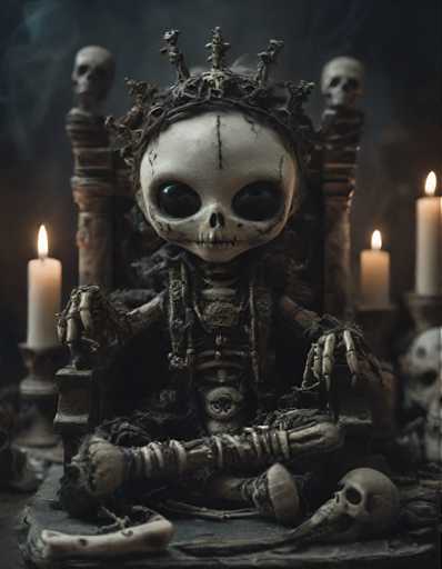 The image depicts a skull sitting on a throne with four candles burning behind it. The skull is adorned with a crown and has a face carved into its forehead. The throne is made of wood and features a seat for the king or queen to sit upon. The background is dark, creating an atmosphere of mystery and intrigue.