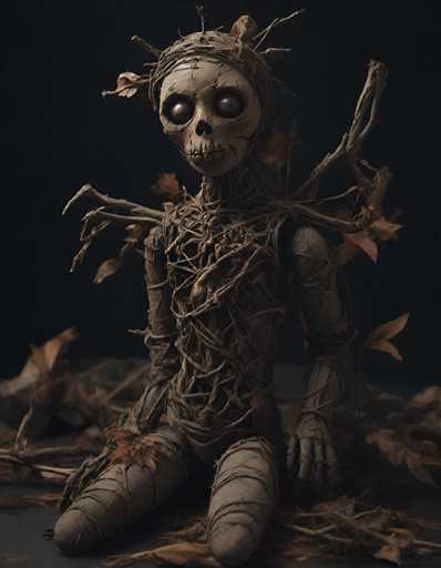 The image depicts a hauntingly beautiful scene of a skeleton intricately wrapped in twigs and vines, giving it a surreal, almost mythical appearance. The skeleton, with its hollowed-out eyes and nose, gazes directly at the viewer, creating an eerie yet captivating focal point. Its arms are positioned to the sides, while its legs are bent, as if it is sitting on the ground. The twigs and vines are meticulously wrapped around its body, with some extending from its shoulders and head, adding to the intricate detail. The background is a deep, dark black, which contrasts starkly with the light brown and gray hues of the skeleton and its wrappings. Scattered around the skeleton are brown leaves, enhancing the autumnal and desolate atmosphere. The overall composition, with its dark tones and detailed elements, evokes a sense of mystery and otherworldliness, reminiscent of a scene from a horror movie or a fantastical story.