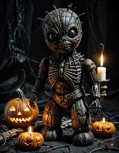 A miniature, intricately detailed skeleton figure stands amidst a Halloween-themed setting. The main subjects are the skeletal figure and three small, carved pumpkins with glowing candles. The figure is positioned centrally, slightly facing the viewer, while the pumpkins are arranged around its feet. The overall style is dark and whimsical, with a focus on texture and dramatic lighting to evoke a spooky yet charming Halloween atmosphere.