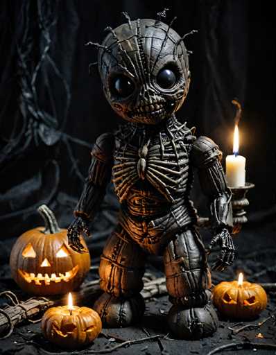 A creepy-looking robot figure stands on a table with two carved pumpkins and a lit candle. The robot has a large head and arms, giving it an eerie appearance. The table is covered in black fabric that contrasts with the pumpkin carvings and candlelight.