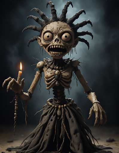 The image depicts a hauntingly detailed scene featuring a monstrous creature that appears to be a fusion of skeletal and zombie elements. The creature's head is shaped like a skull, with large, bulging eyes that are a mix of brown and white, and a gaping mouth filled with yellowed teeth. Its skin is a ghastly gray, adding to its eerie appearance. The creature's hair resembles a crown of thorns, with dark, spiky tendrils radiating from its head.

The monster's torso is skeletal, with visible ribs and a spine, giving it a macabre look. It wears a tattered, brown dress that extends to the ground, with a belt made of bones cinched around its waist. The creature's arms are long and thin, ending in bony hands. In its right hand, it holds a lit candle, casting flickering shadows around it. The background is dark and smoky, with hints of a grayish-blue hue, enhancing the overall spooky atmosphere of the scene.