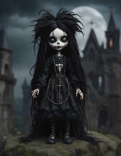 The image depicts a hauntingly beautiful doll with an eerie, skeletal appearance. The doll's face is stark white, accentuated by black markings around its eyes, nose, and mouth, giving it a skull-like visage. Its eyes are large and black, adding to its unsettling gaze. The doll's hair is long, stringy, and black, cascading down its back in a wild, untamed manner. It is dressed in a flowing black dress adorned with a prominent cross on the front. The doll's hands are white with black markings, resembling skeletal fingers. Completing its macabre ensemble, the doll wears black boots with silver laces. The background features a dark, cloudy sky with a full moon, and a blurry, gothic-style building with pointed roofs, enhancing the overall spooky atmosphere of the scene.
