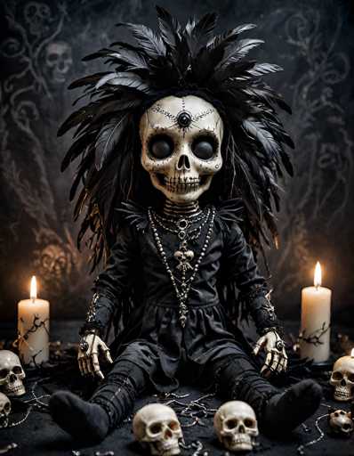 A detailed, high-quality image of a doll dressed in a gothic skull costume. The doll is seated on a dark, textured surface with several small skulls scattered around it. It wears a black dress adorned with feather-like details, and its head is decorated with a large, elaborate skull headdress. The doll's face is intricately detailed, and its eyes are glowing with a soft light. Two lit candles flank the doll on either side, casting a warm glow on the scene. The background is dark and slightly blurred, with subtle patterns of skulls and bones visible. The overall mood is eerie and mystical, evoking a sense of gothic charm and macabre beauty.