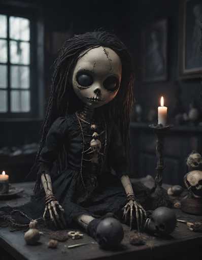 The image depicts a haunting scene reminiscent of a horror movie. At the center is a doll with a skeletal appearance, characterized by its large, hollow eyes and visible ribcage. The doll is dressed in a black dress and has long, dark hair cascading down its back. Its hands rest on a table, which is cluttered with various eerie objects. Notably, there are two skulls placed on either side of the doll, and a third skull is positioned directly in front of it. A candle on a candlestick stands to the right of the doll, casting a flickering light that adds to the unsettling atmosphere. The background is dimly lit, with a window on the left side that appears to be covered, contributing to the overall darkness of the room. The doll's face is marked by a prominent crack running down the middle, enhancing its sinister and decayed appearance.