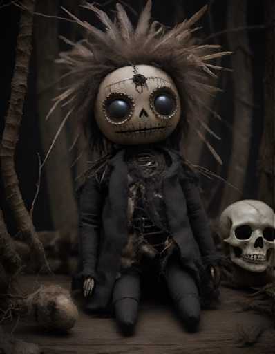 A creepy doll with a skull head and body is sitting on a wooden surface surrounded by rocks and branches.