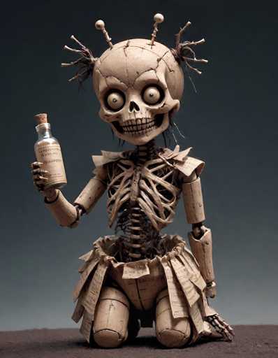 This image features a meticulously crafted paper mache skeleton, positioned on a brown surface against a dark gray background. The skeleton is adorned with a skirt made from newspaper clippings, adding a unique texture to its appearance. Its right hand holds a glass bottle labeled "Neurofen," which contains a brownish powder. The skeleton's head is particularly striking, with two protruding horns and several twigs emerging from the sides, giving it an eerie, almost alien-like quality. Its eyes are large and bulging, with a yellowish tint, adding to its unsettling gaze. The skeleton's mouth is open, revealing a set of teeth, and its nose is notably absent. The overall color of the skeleton is a light brown, contrasting with the darker hues of its surroundings.