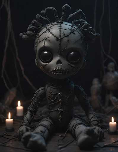 A creepy doll with a twisted face and spiky hair sits on the ground surrounded by candles. The background is dark and filled with spider webs, creating an eerie atmosphere.