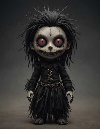 A detailed, high-quality digital painting of a creepy, doll-like skeleton figure. The figure is small and humanoid, with a skull-like head featuring large, glowing red eyes set in dark sockets. The face is adorned with stitched details and a wide, grinning mouth revealing sharp teeth. 

The figure's body is clad in a tattered black dress with frayed edges and skeletal details. Long, spiky black hair protrudes from the head, giving it a wild, unsettling appearance. Chains are draped around the figure's waist and legs, adding to its macabre aesthetic. The overall style is dark and gothic, with a focus on texture and detail to create a sense of unease. The background is a muted gray, drawing all attention to the central figure.