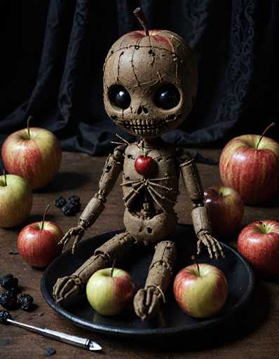 The image depicts a hauntingly detailed scene centered around a wooden doll with a skull-like face, hollow black eyes, and a mouth resembling a skeleton's teeth. The doll, which appears to be made of wood or clay, has a red apple heart stitched onto its chest and is seated on a black plate. Surrounding the doll are several red and green apples, some of which are placed on the plate while others are scattered around the table. A silver knife with a black handle lies in front of the doll, and a few black grapes are positioned to the left of the plate. The background features a dark, possibly black or gray, curtain, adding to the eerie atmosphere. The doll's head is cracked, and its arms and legs are articulated with wooden joints, enhancing its macabre appearance.