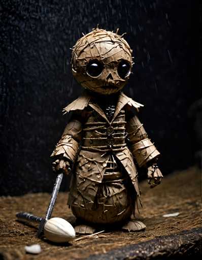 A creepy doll made from cardboard with a brown body and white face is standing on a rock. The doll has a sword in its hand and is wearing a long coat that appears to be made of rope or wire.