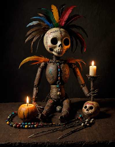 A detailed, high-quality image of a handcrafted Day of the Dead skeleton doll. The doll is seated on a dark, rustic surface, possibly a wooden table or ledge. It's adorned with intricate details like a skull-shaped head, colorful feather headdress, and beaded necklaces. Two candles are lit, one in a pumpkin-shaped holder and another on a candle holder with a skull. The lighting is dim, creating a spooky yet festive atmosphere. The background is dark and textured, emphasizing the doll's intricate details and creating a sense of depth. The overall style is artistic and evocative, capturing the spirit of Día de los Muertos.