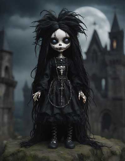 A doll with long black hair and a skull face is standing on a rock in front of an old castle. The doll is wearing a black dress and has a cross necklace around her neck.
