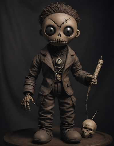 The image depicts a detailed, eerie doll with a skeletal appearance, standing on a round wooden table against a black background. The doll, which has a brownish-tan hue, features a large, round head with short, spiky brown hair. Its face is marked by a V-shaped scar on the forehead, large, round eyes with black pupils, and a stitched mouth. The doll is dressed in a brown suit with a long-sleeved jacket, pants, and brown shoes. It wears several necklaces, including one with a skull pendant. In its left hand, the doll holds a lit candle wrapped in white paper, and at its feet lies a small skull with a candle stuck in it. The doll's right hand is extended outward, adding to its unsettling presence.